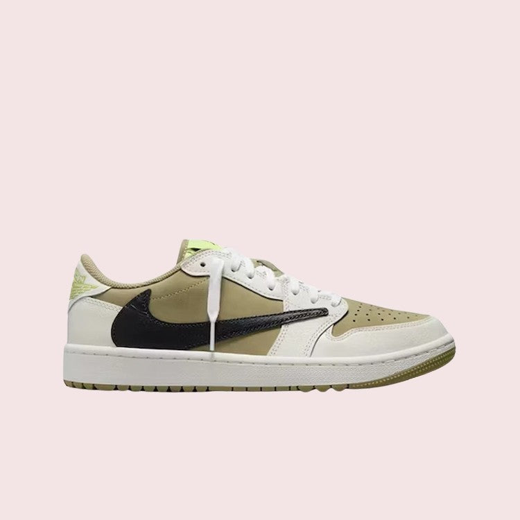 골프 전용 아웃솔과 올리브톤이 믹스된 트래비스 스캇 x 조던1 골프 버전 스니커즈