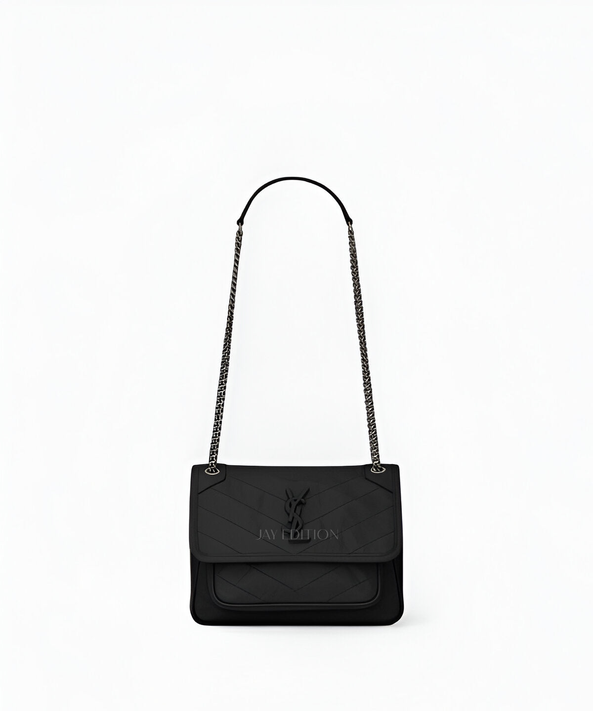 생로랑 니키백 베이비 빈티지 레더 블랙 빈티지 가죽 YSL 로고 플랩 클로저 체인 스트랩 미니멀한 디자인의 컴팩트 숄더백