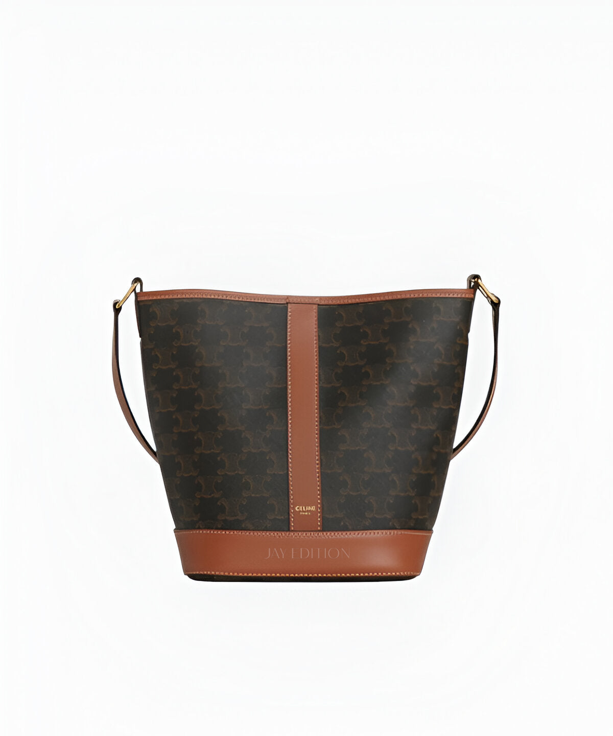 셀린느 트리옹프 버킷백 스몰 트리옹프 모노그램 코팅 캔버스 브라운 송아지 가죽 트리밍 JAY EDITION 각인 디테일 조절형 숄더 스트랩