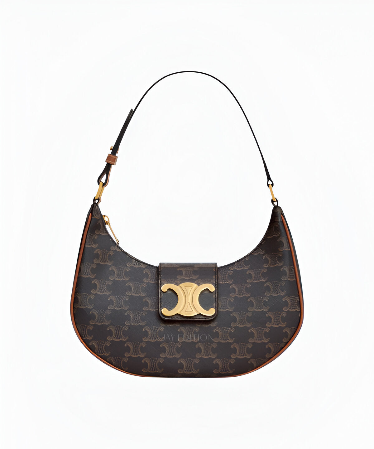 셀린느 트리옹프 아바백 캔버스 미디움 브라운 트리옹프 모노그램 패턴 플랫한 쉐입 가죽 파이핑 골드 지퍼 클로저 숄더백