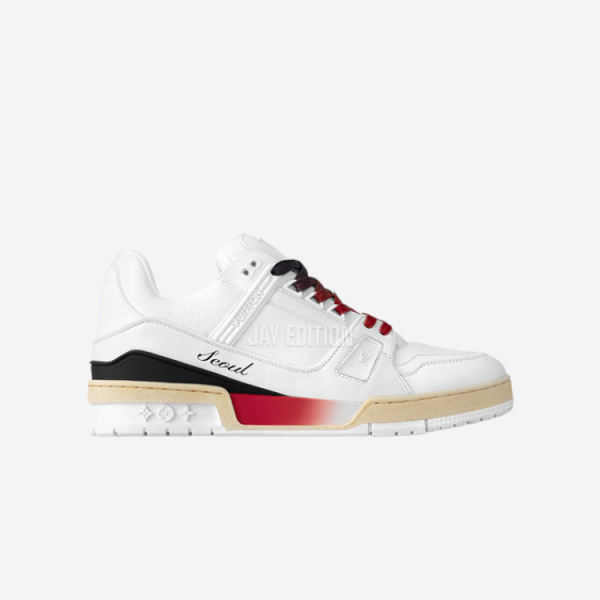 파스텔 핑크 포인트와 화이트 베이스가 매력적인 루이비통 LV 트레이너 여성용 스니커즈