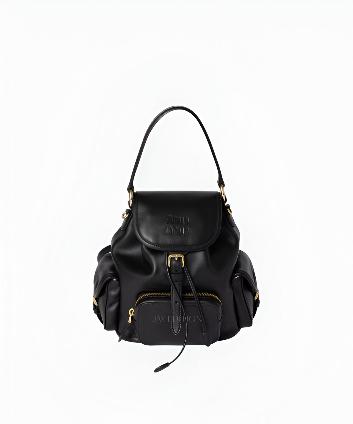 미우미우 가죽 백팩 블랙 컬러 메탈 로고 디테일과 스트링 클로저 디자인