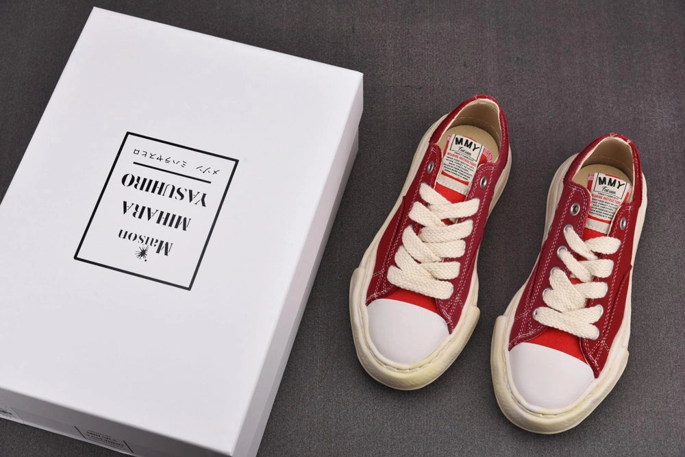 메종 미하라 야스히로 피터슨 OG 솔 오버다이드 캔버스 로우탑 스니커즈 레드