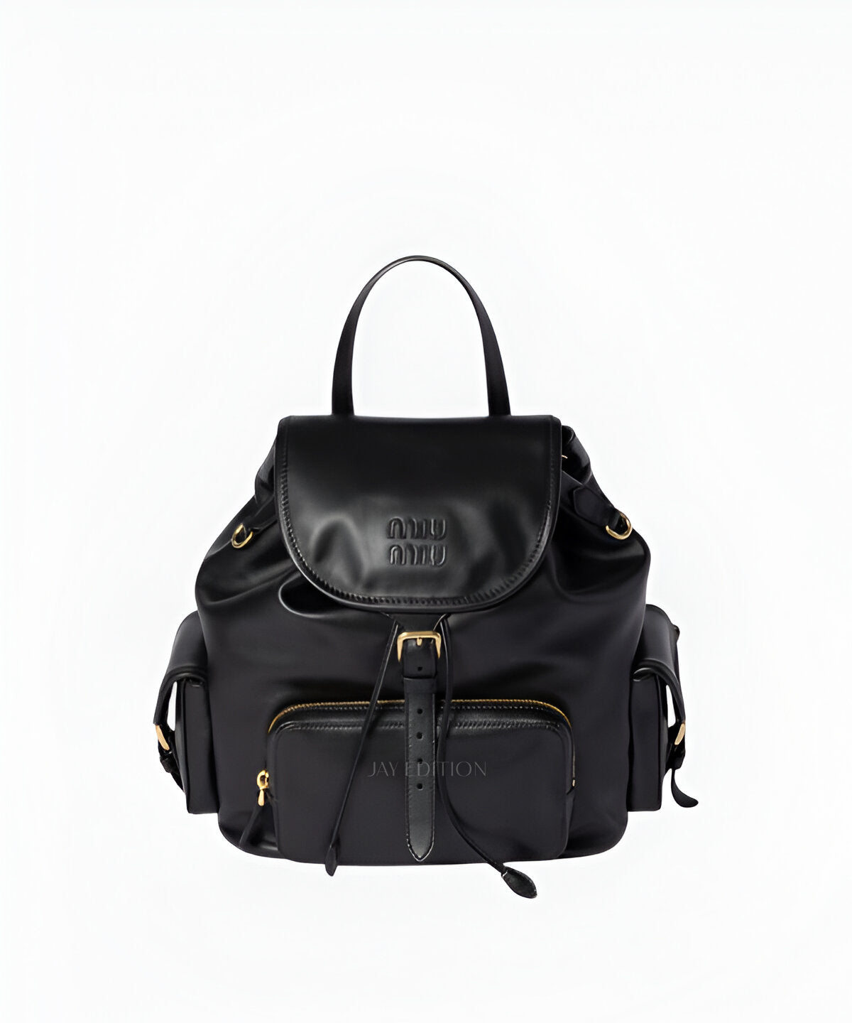 미우미우 드로스트링 백팩 미디움 레더 가죽 스트링 클로저와 플랩 디자인이 돋보이는 백팩