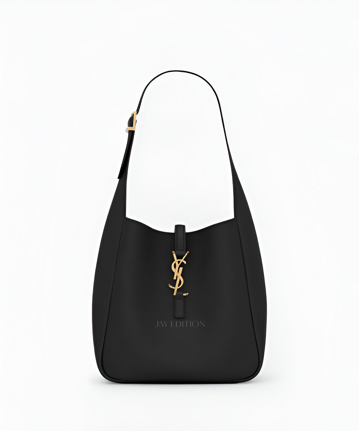 생로랑 LE 5À7 호보 스몰 블랙 그레인드 카프스킨 곡선형 플랩 디자인 YSL 로고 메탈 디테일 컴팩트 숄더백 스타일