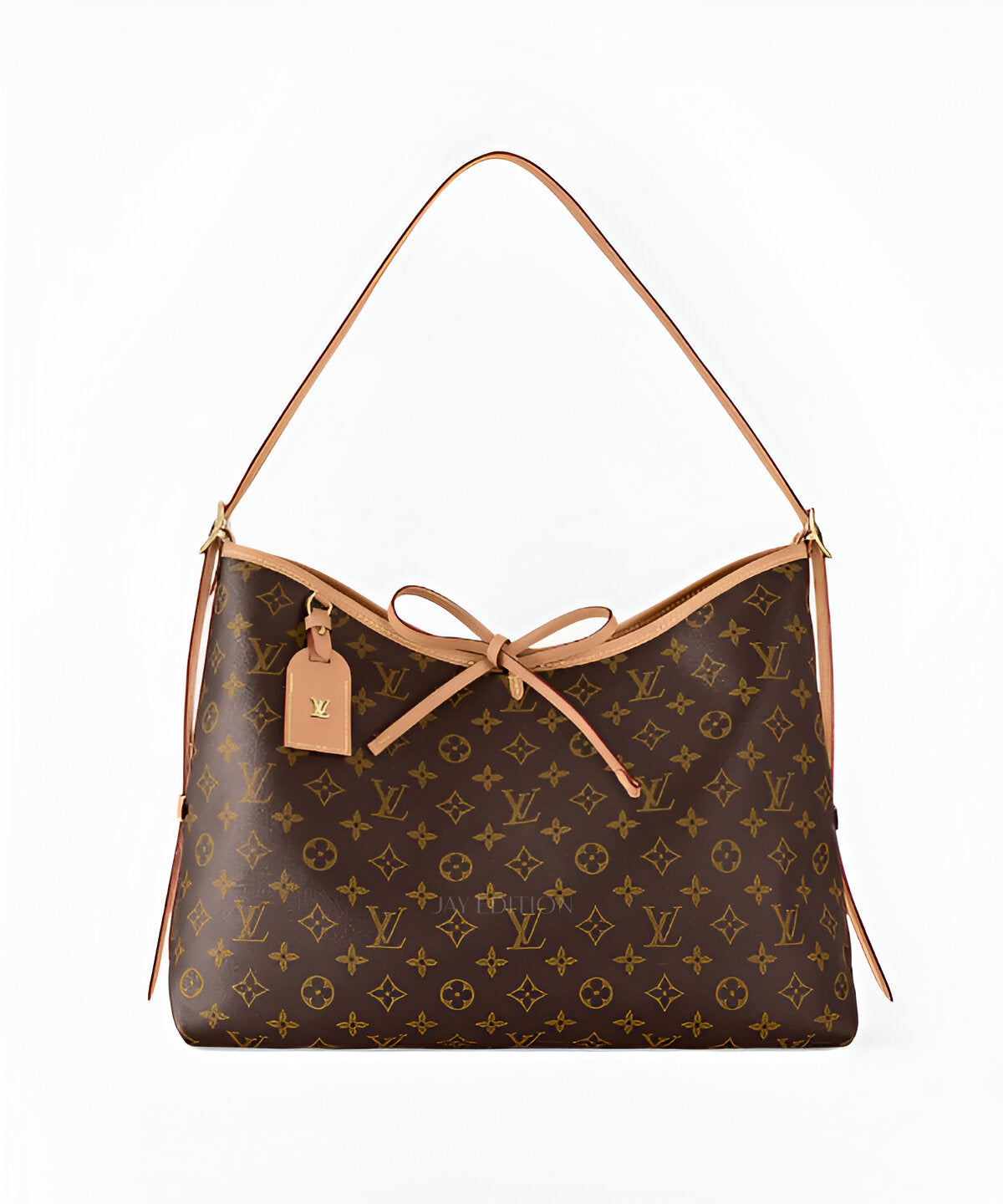 루이비통 캐리올 모노그램 MM, 시그니처 모노그램 캔버스와 스무스 가죽 트리밍, 여유로운 보스턴백 스타일 실루엣과 지퍼 클로저, 상단 더블 핸들과 탈부착 가능한 조절형 스트랩으로 토트·숄더·크로스백 연출이 가능한 실용적인 미디엄 사이즈 럭셔리 백