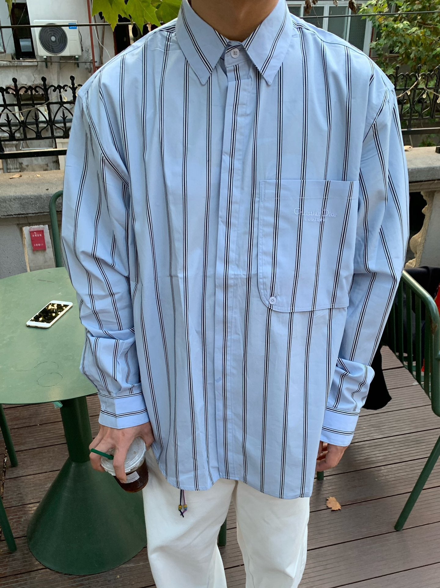 디올 로고 디테일 스트라이프 코튼 셔츠