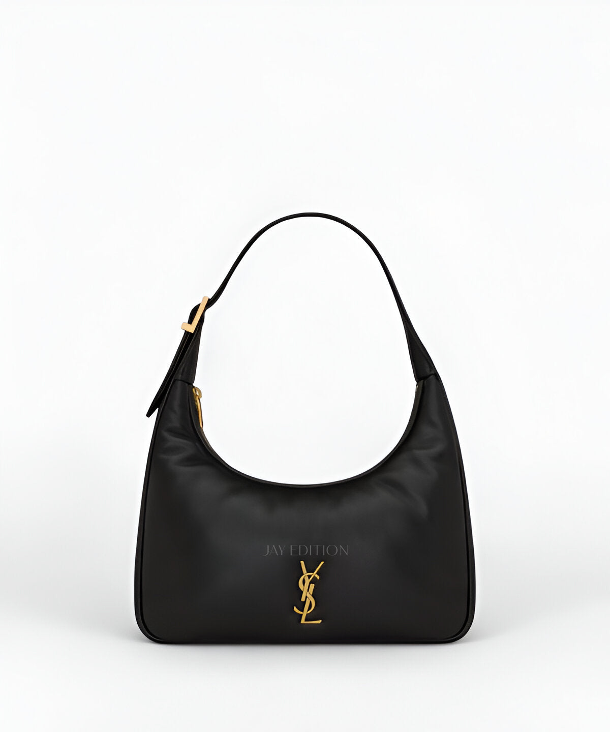 생로랑 칼립소 호보 백 미니 블랙 부드러운 가죽 곡선형 실루엣 스냅 클로저 짧은 숄더 스트랩 미니멀한 디자인