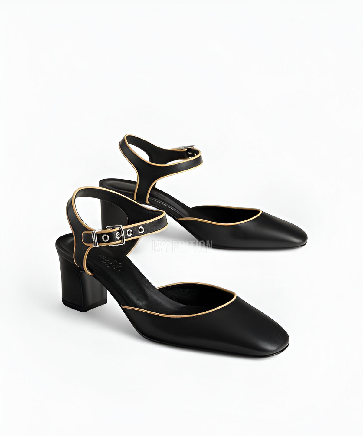 에르메스 Kamilla 60 펌프스 고트스킨·나파 가죽 메리제인 스타일 대비 파이핑과 H 버클 장식 6 cm 힐