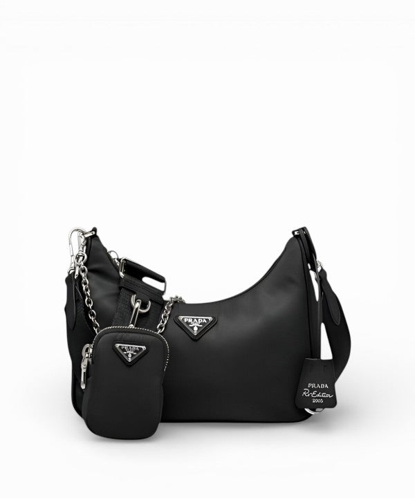 프라다 테수토 체인 호보백 블랙 나일론 바디 체인 스트랩 프라다 삼각 로고