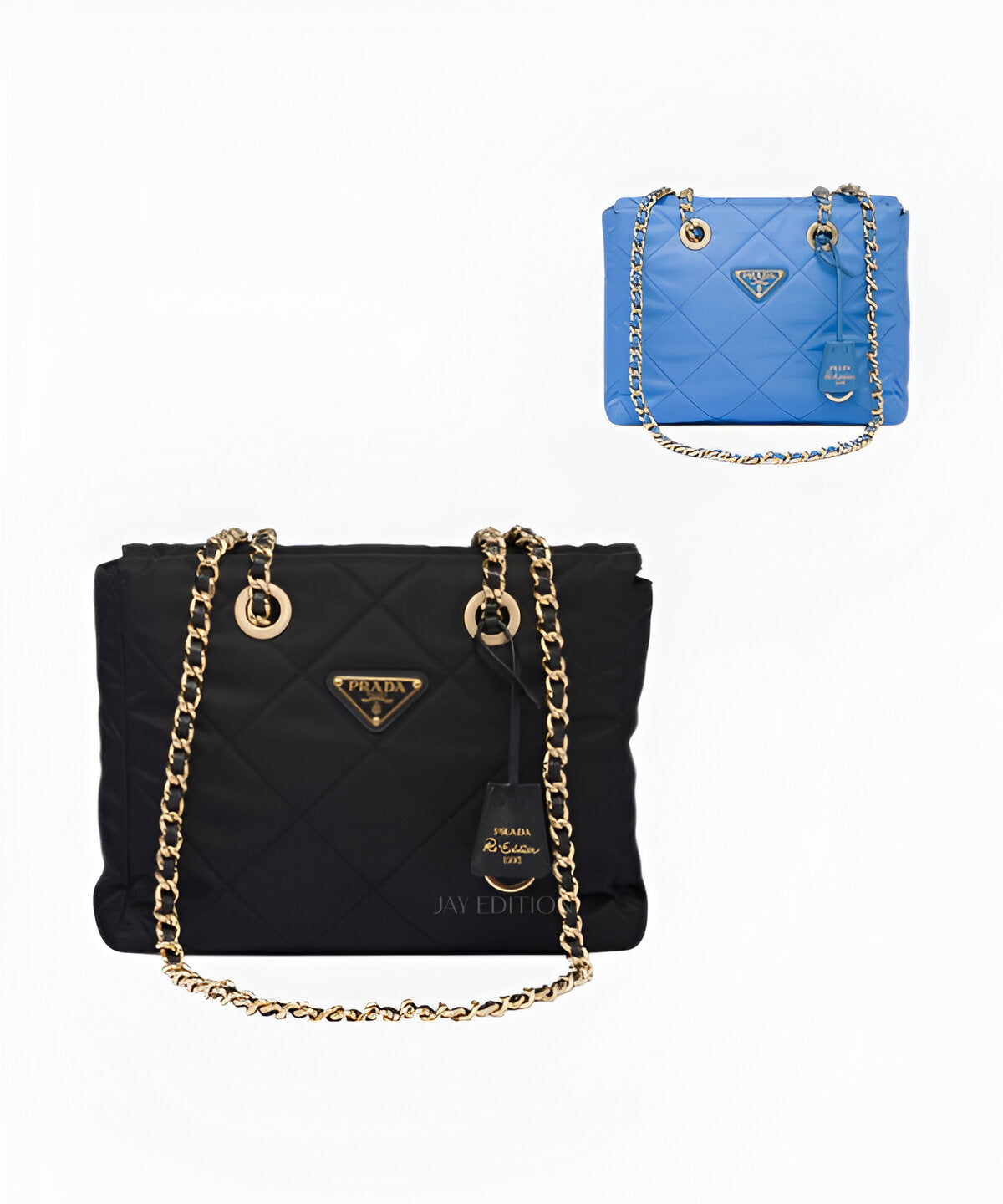 프라다 리에디션 리나일론 퀄팅 체인 숄더백 블랙 컬러 골드 체인 삼각 로고 디테일