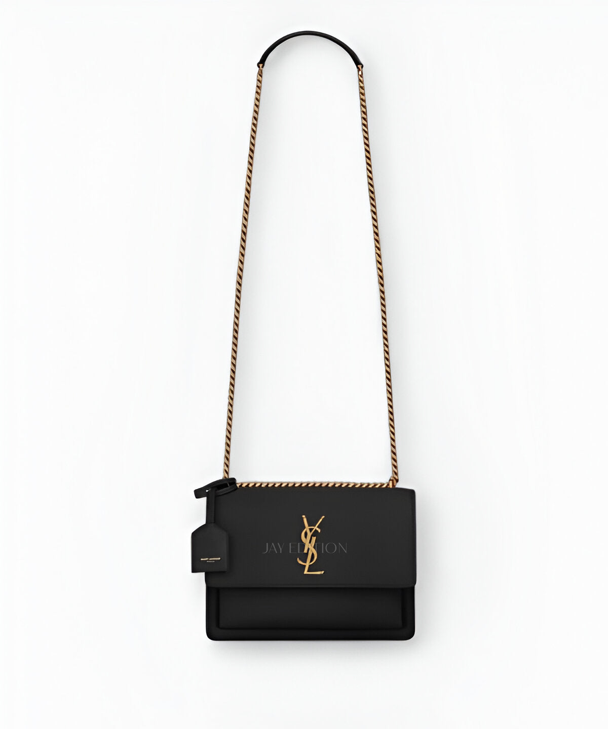 생로랑 모노그램 선셋백 블랙 카프스킨 퀼팅 또는 스무스 레더 YSL 로고 플랩 클로저 더블 컴파트먼트 체인 스트랩 숄더백