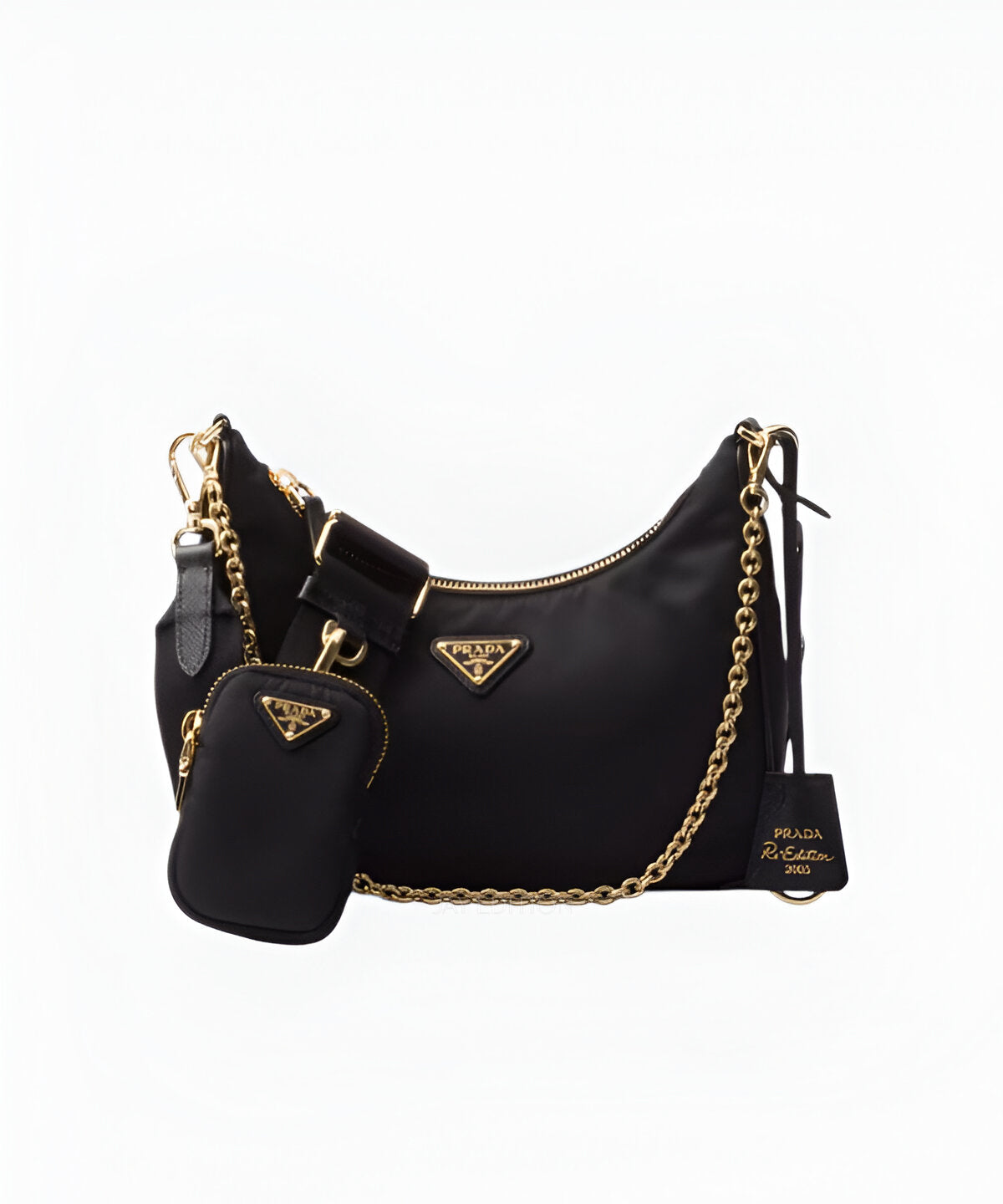 프라다 테수토 체인 호보백 블랙 나일론 바디 골드 체인 스트랩 프라다 삼각 로고