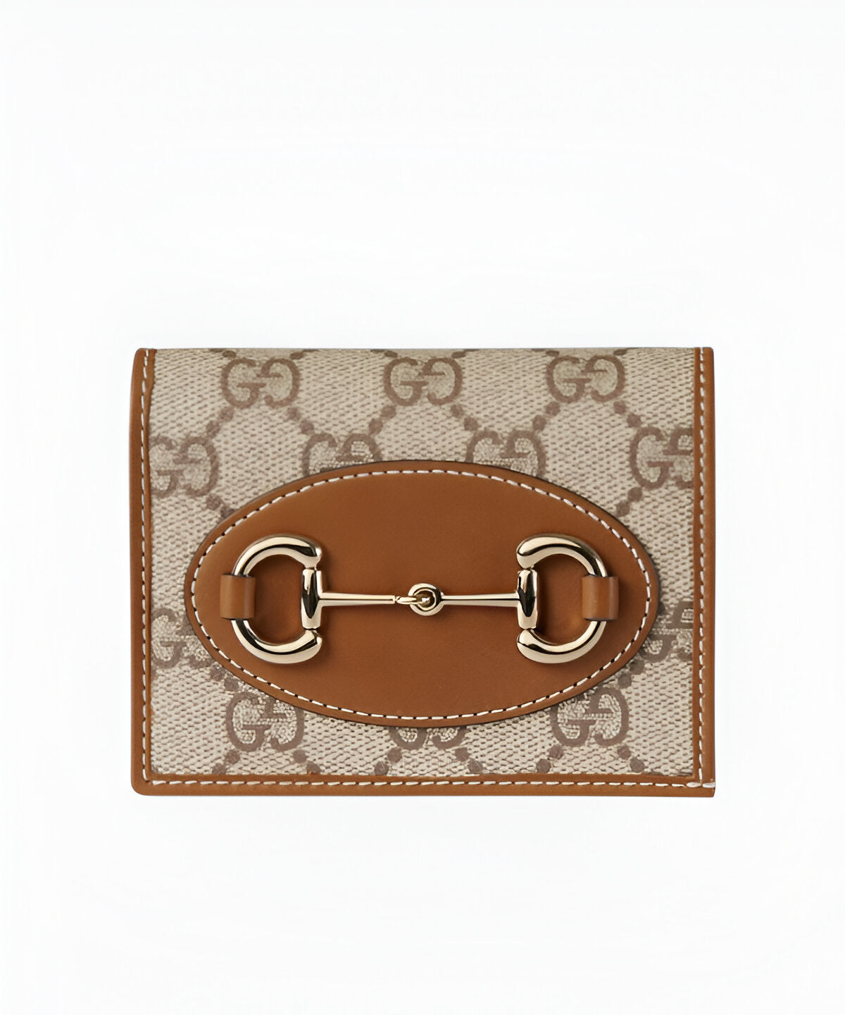 구찌 홀스빗 1955 카드 케이스 지갑, 브라운 레더와 골드 메탈 디테일, 클래식한 플랩 디자인