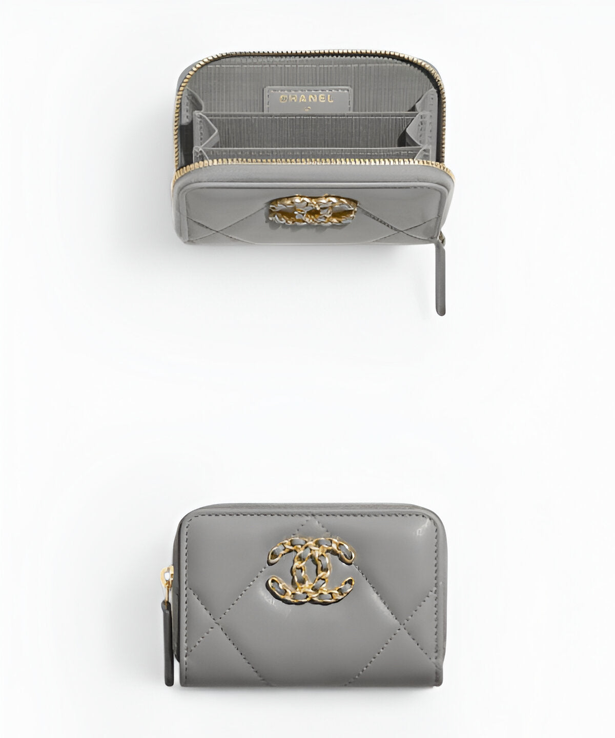 샤넬 19 지퍼 반지갑 라지 퀼팅 가죽 지퍼 클로저 믹스 메탈 CC 로고 디테일