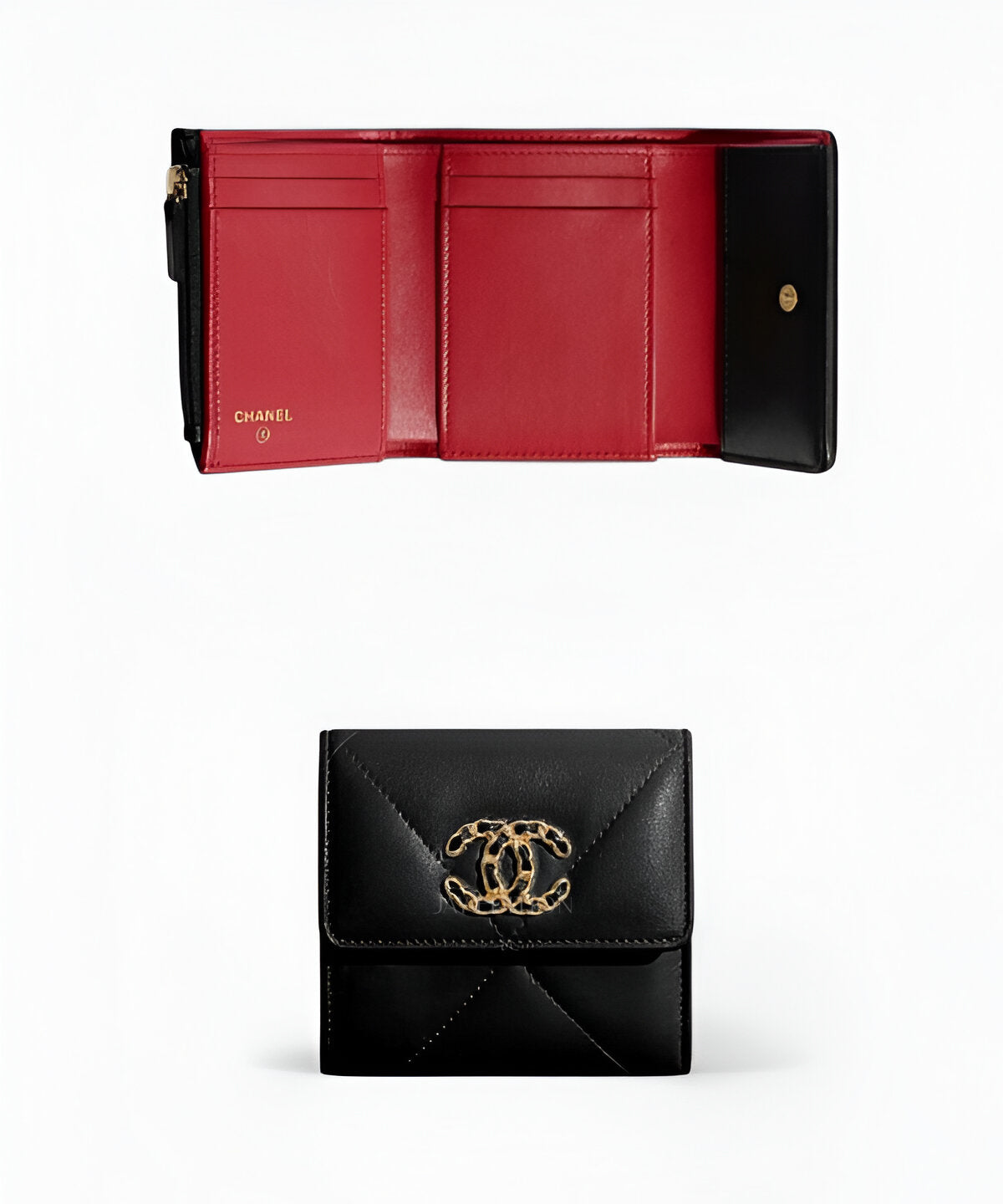 샤넬 19 반지갑 라지 퀼팅 가죽과 믹스 메탈 CC 로고가 조화를 이루는 소형 지갑