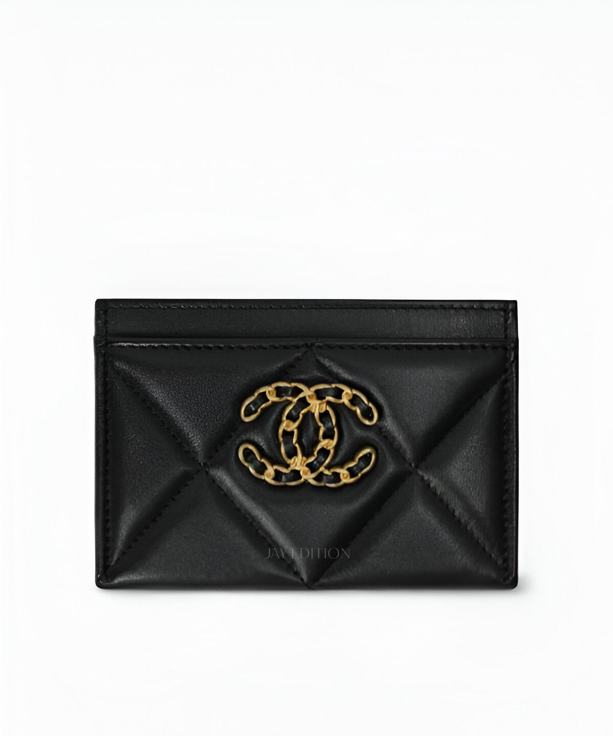 샤넬 19 카드 홀더 라지 퀼팅 가죽 믹스 메탈 CC 로고 디테일 슬림 디자인