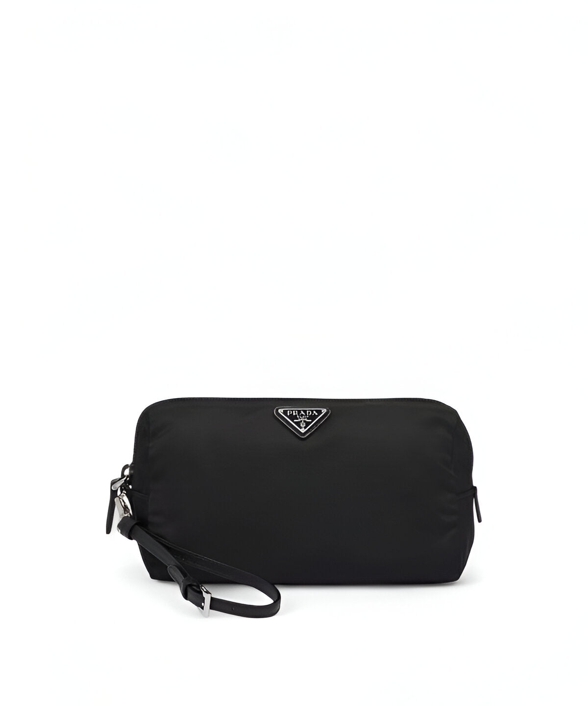 프라다 미디엄 리나일론 파우치 블랙 컬러, 삼각 로고 디테일과 지퍼 클로저