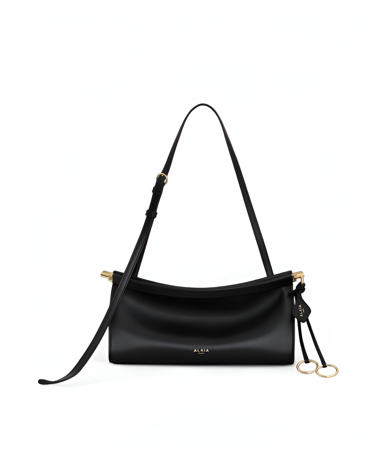 알라이아 LE CLICK 이스트 웨스트 스몰 백 블랙, 수평형 슬림 디자인과 블랙 가죽 바디