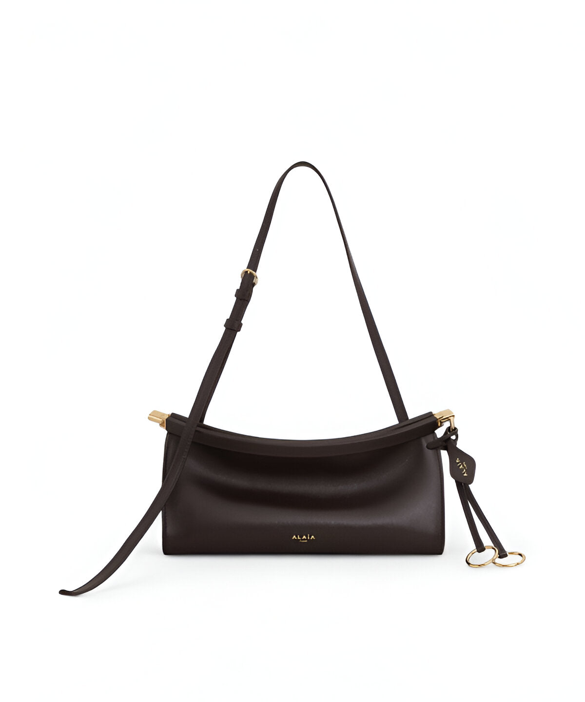 알라이아 LE CLICK 이스트웨스트 스몰 백 브라운, 브라운 가죽 소재와 수평형 실루엣의 미니백