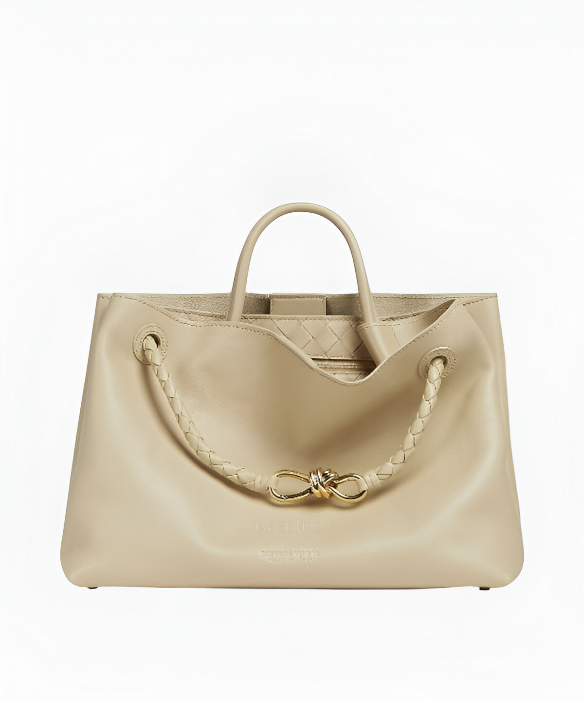 보테가 베네타 안디아모 미디움 스무스 레더 토트, 캘프스킨 외피, 슬라이딩 브레이디드 스트랩, 매듭 디테일