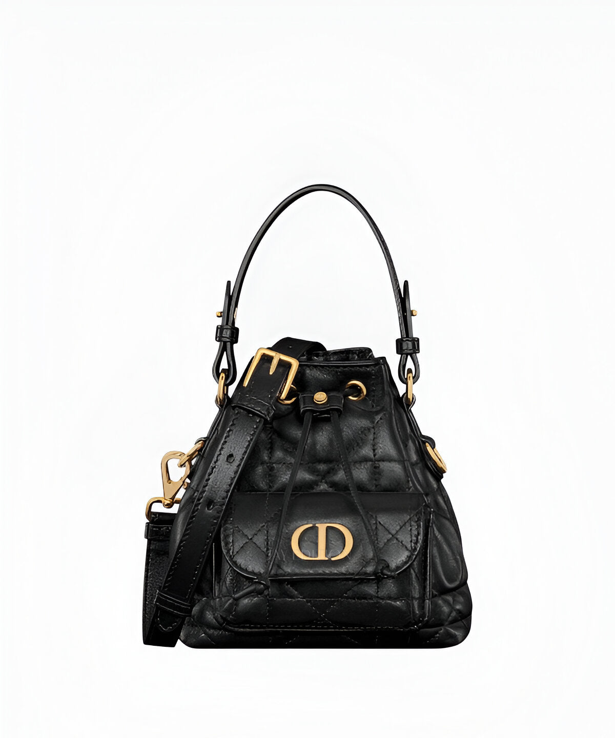 디올 카로 나노 버킷백 카나쥬 퀼팅 가죽 골드 CD 로고 체인 스트랩