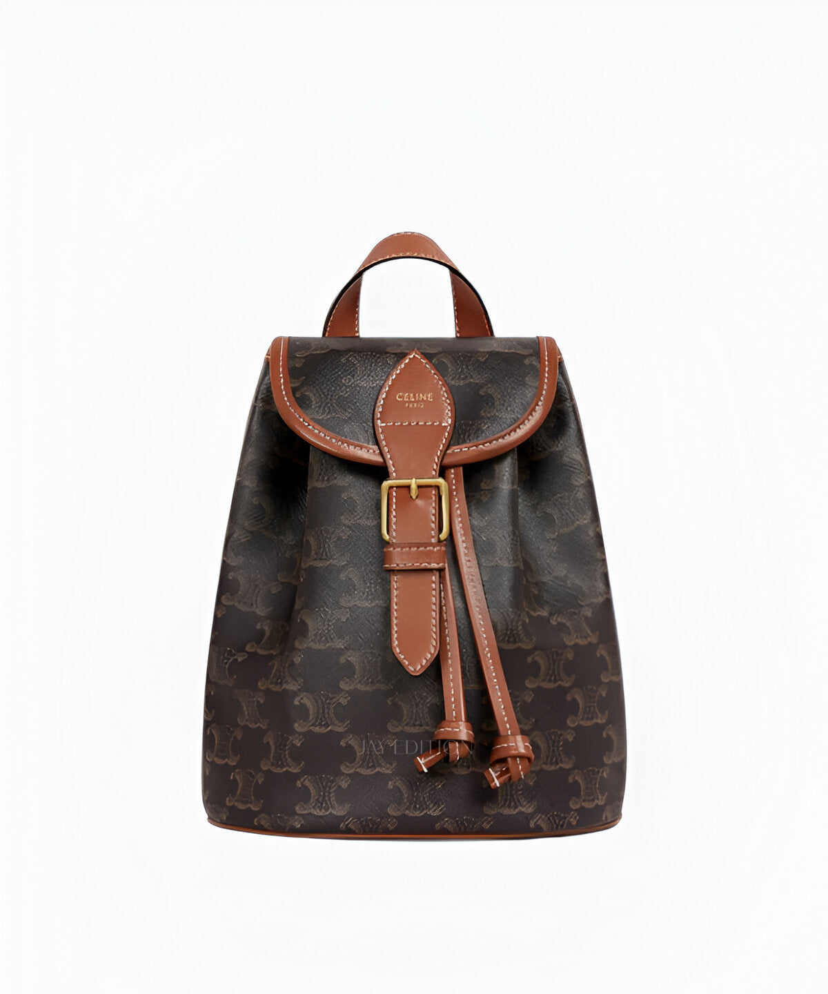 셀린느 미니 폴코 백팩 트리옹프 캔버스 브라운 모노그램 패턴 가죽 스트랩 플랩 클로저 캐주얼 백팩 디자인