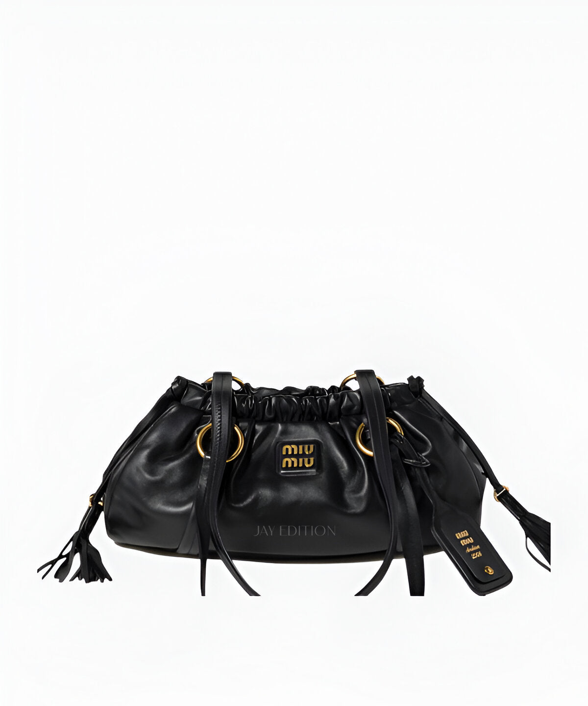 미우미우 조이 나파 숄더백 스몰, 부드러운 곡선과 로고 디테일이 돋보이는 베이지 컬러 가죽백