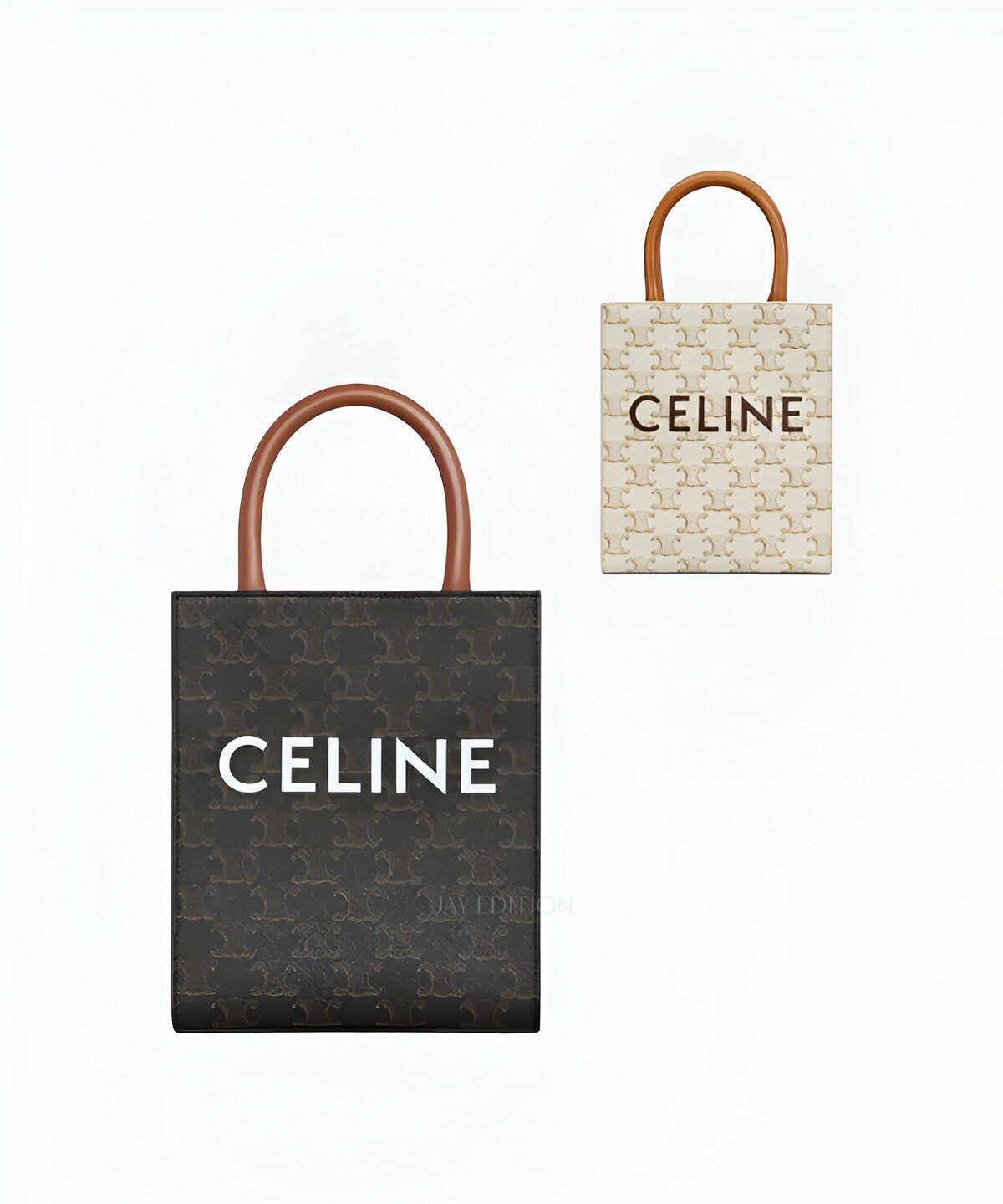 셀린느 미니 버티컬 카바스백 캔버스 내추럴 베이지 캔버스 블랙 로고 프린트 브라운 가죽 핸들 미니멀 디자인