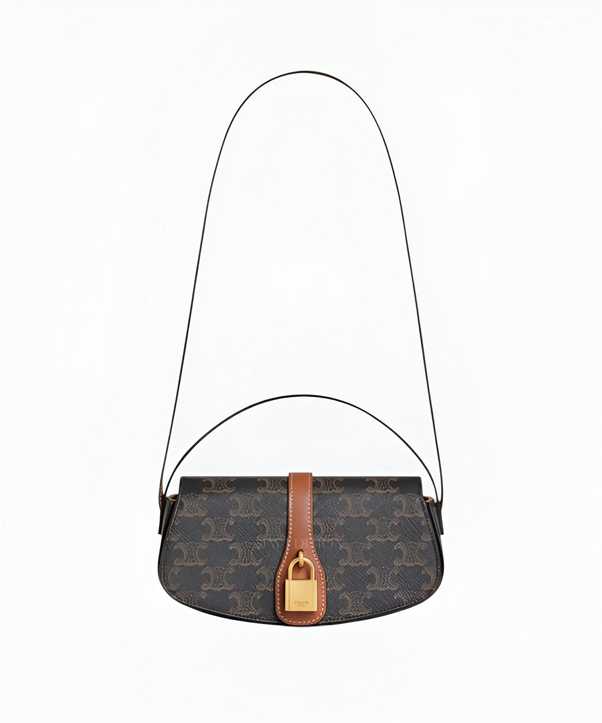 셀린느 타부 클러치 온 스트랩 캔버스 트리옹프 모노그램 브라운 송아지 가죽 스트랩 플랩 클로저 골드 패드락 장식 어깨 스트랩 디테일