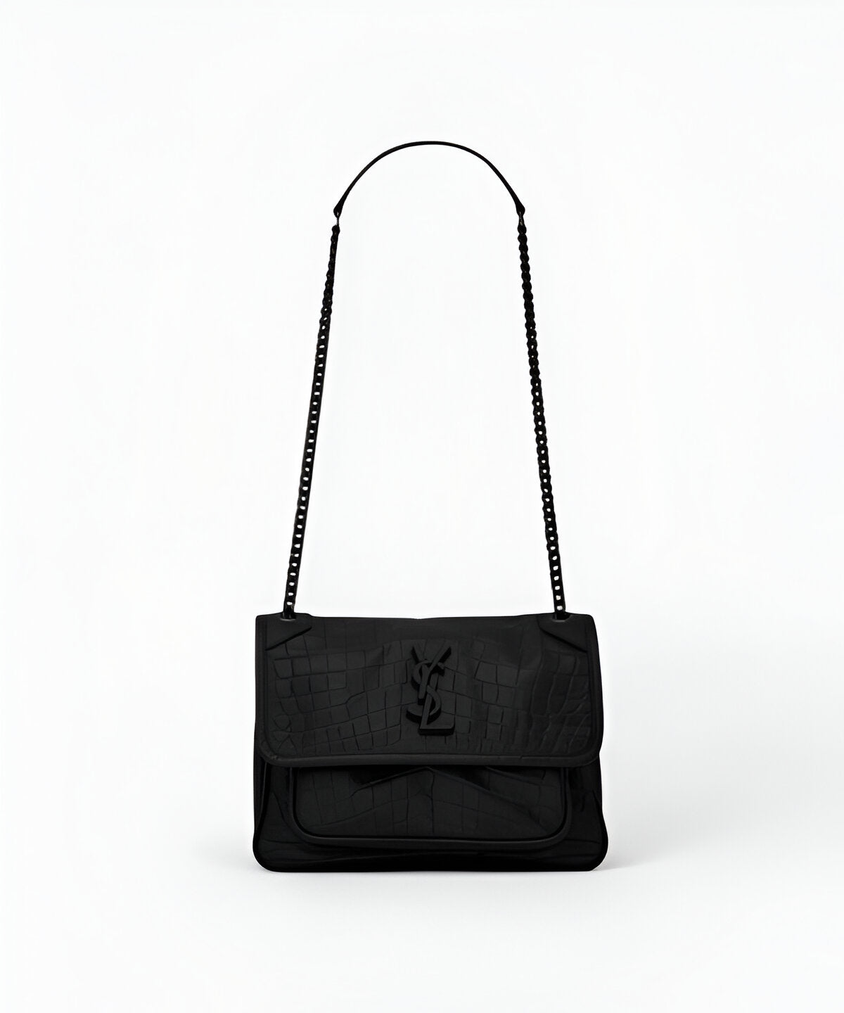 생로랑 니키백 크로커다일 블랙 크로커다일 엠보싱 가죽 빈티지 YSL 로고 플랩 클로저 체인 스트랩 구조적이고 고급스러운 숄더백