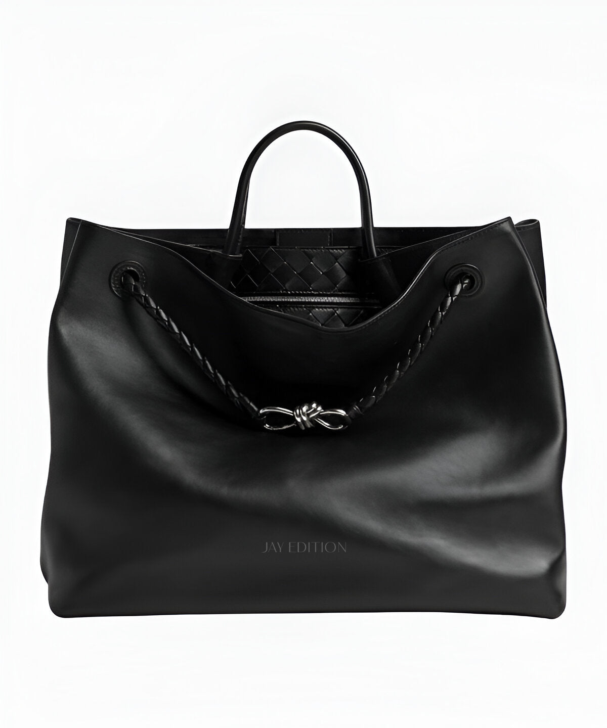 보테가 베네타 안디아모 라지 스무스 캘프스킨 토트, 브레이디드 슬라이딩 스트랩, 매듭 디테일 디자인