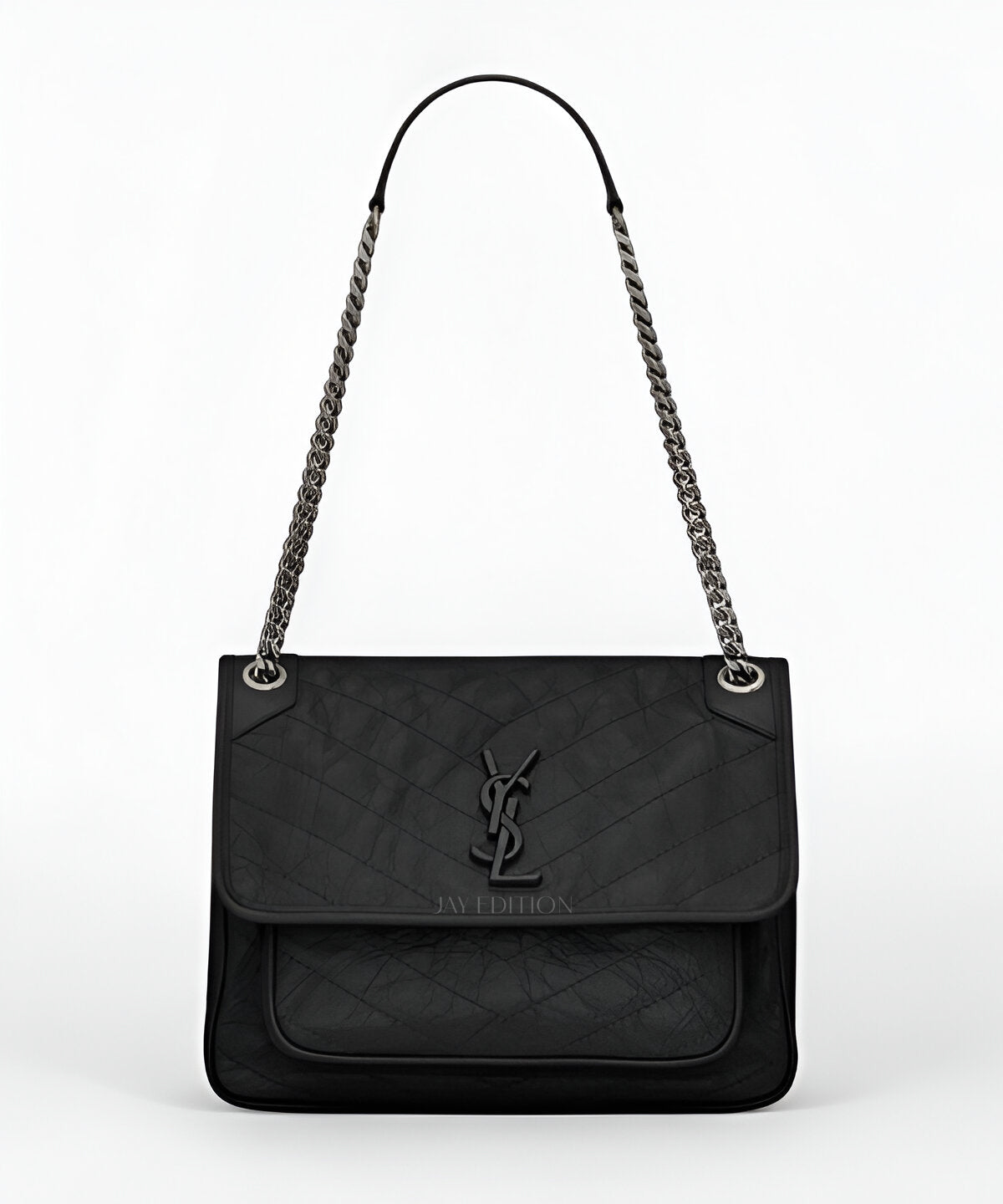 생로랑 니키백 라지 빈티지 레더 블랙 빈티지 카프스킨 YSL 로고 플랩 클로저 체인 스트랩 넉넉한 수납의 숄더백