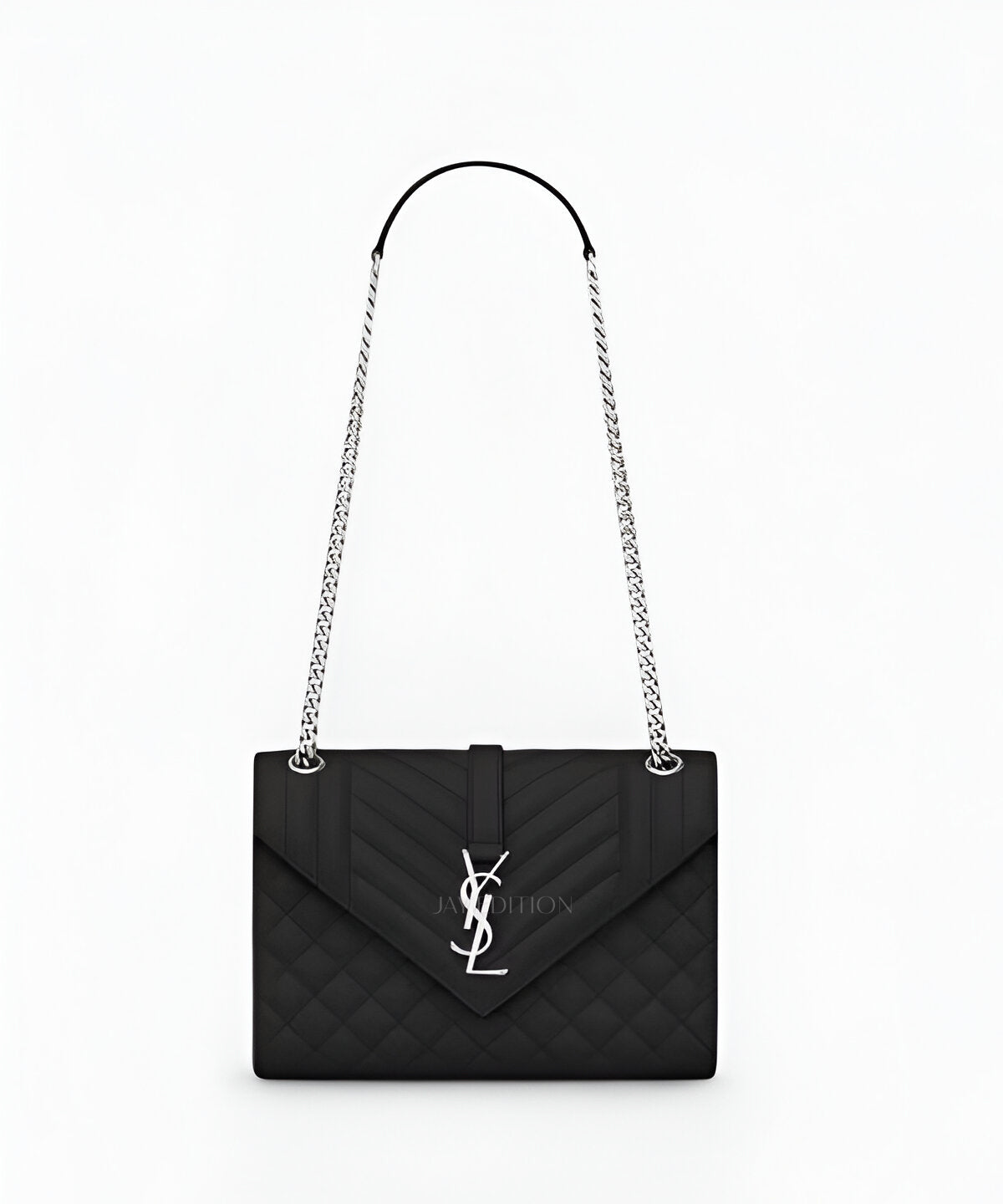 생로랑 엔벨로프 체인 숄더백 램스킨 미디움 블랙 퀼팅 램스킨 YSL 로고 플랩 클로저 체인 스트랩 클래식하고 세련된 미디움 사이즈