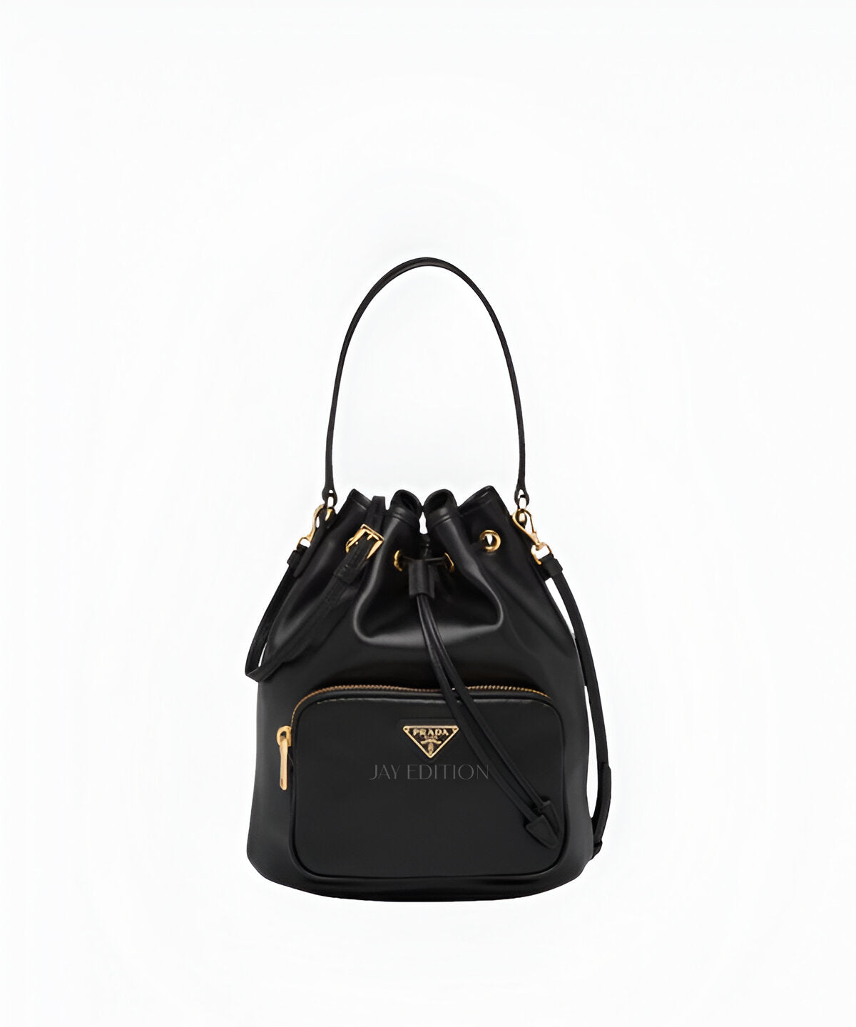 프라다 레더 버킷백 블랙 가죽 드로스트링 토트 핸들 프라다 로고 디테일