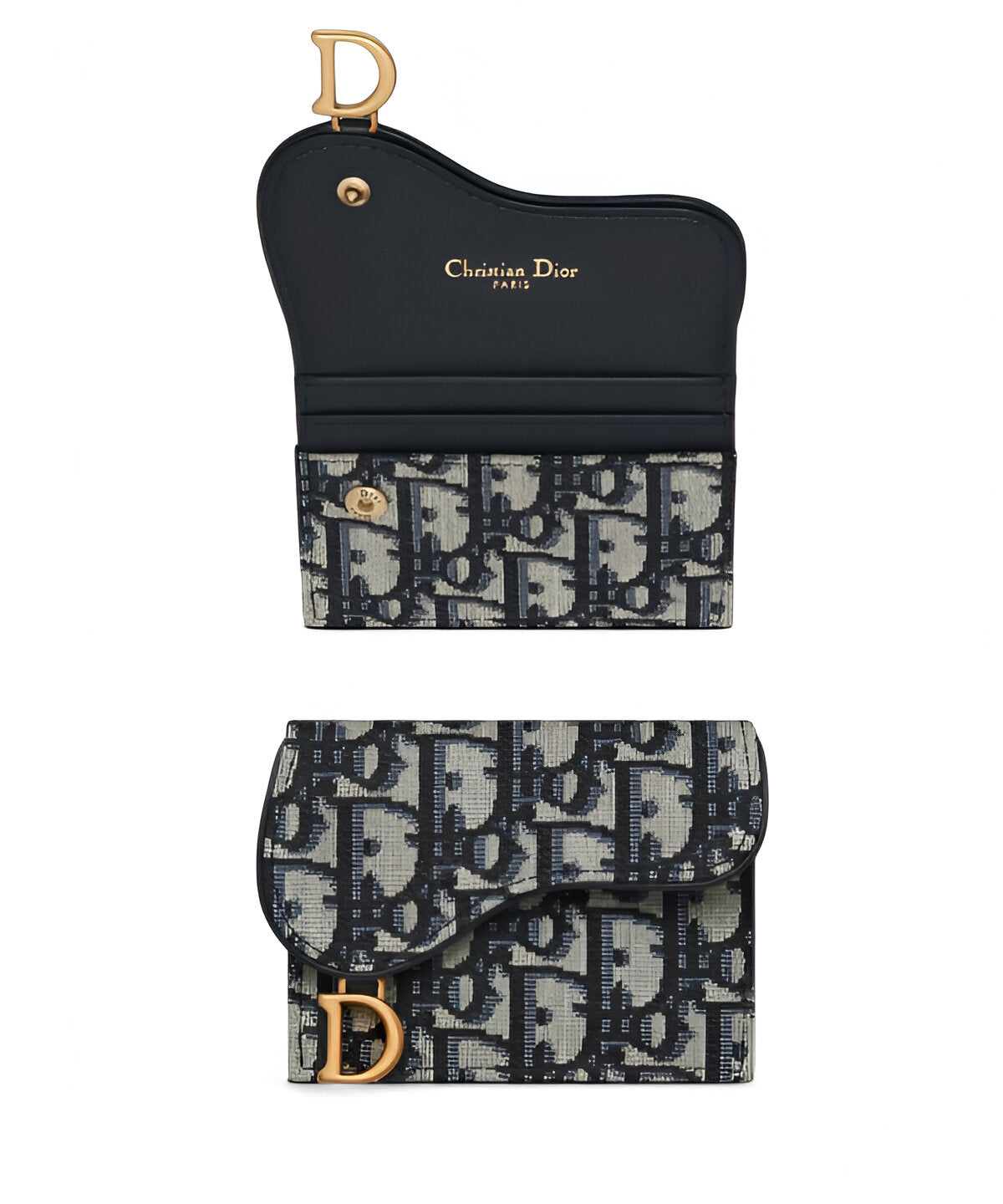디올 오블리크 자카드 새들 카드 홀더 'D' 참 장식과 곡선 플랩 디테일