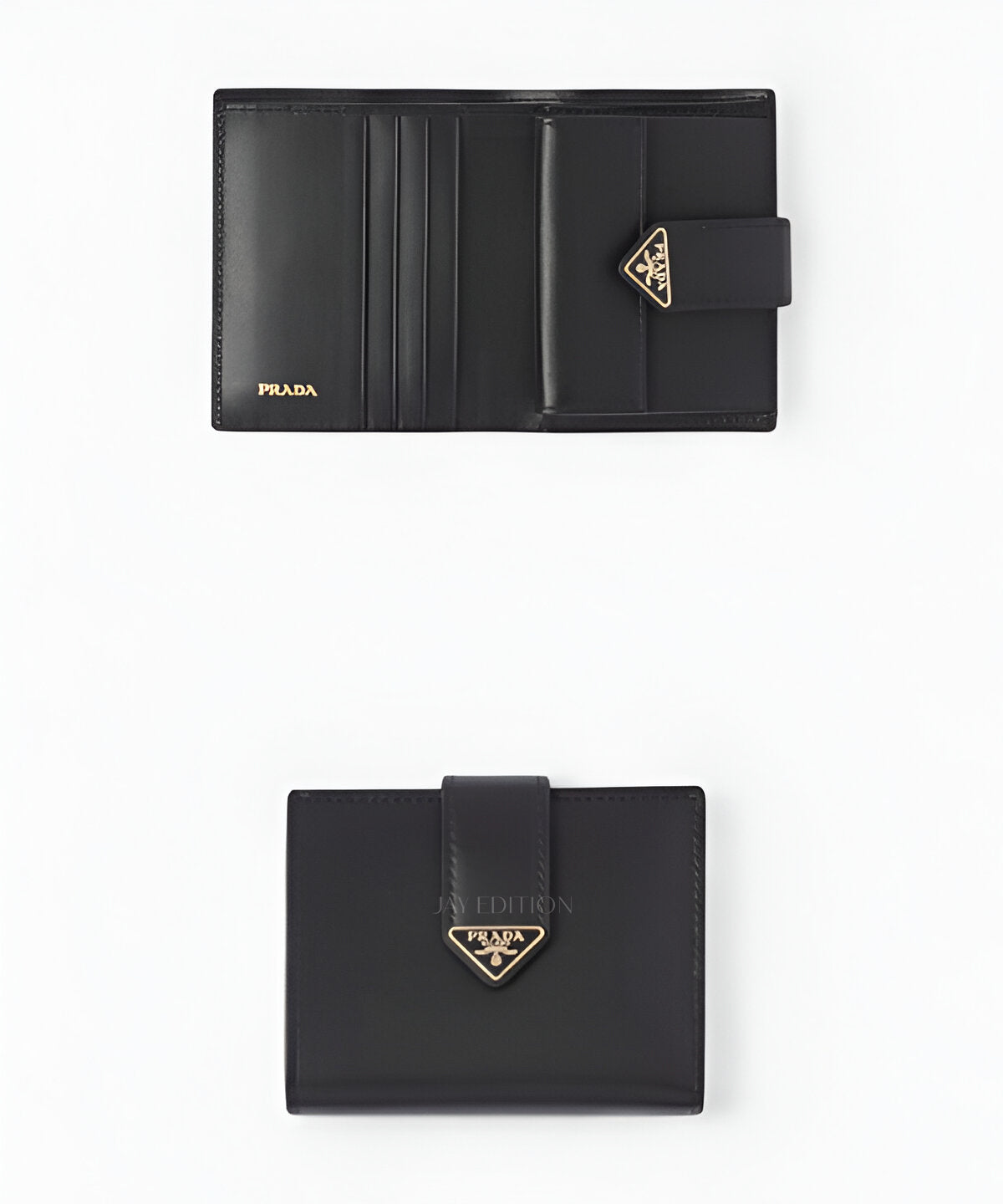 프라다 사피아노 숏 지갑, 내구성 높은 사피아노 가죽으로 제작된 콤팩트한 숏 지갑으로, 전면에 프라다 메탈 로고가 세련되게 부착되어 있으며, 내부에는 카드 슬롯, 지폐 수납 공간, 동전 포켓이 포함된 실용적이고 고급스러운 디자인