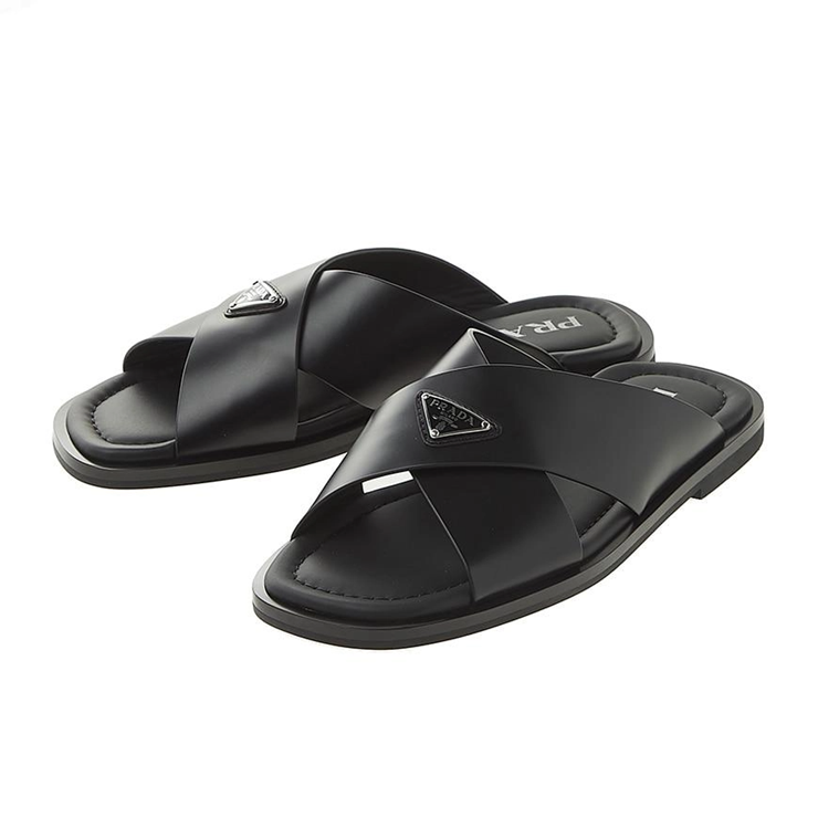 프라다 크로스 레더 블랙 샌들