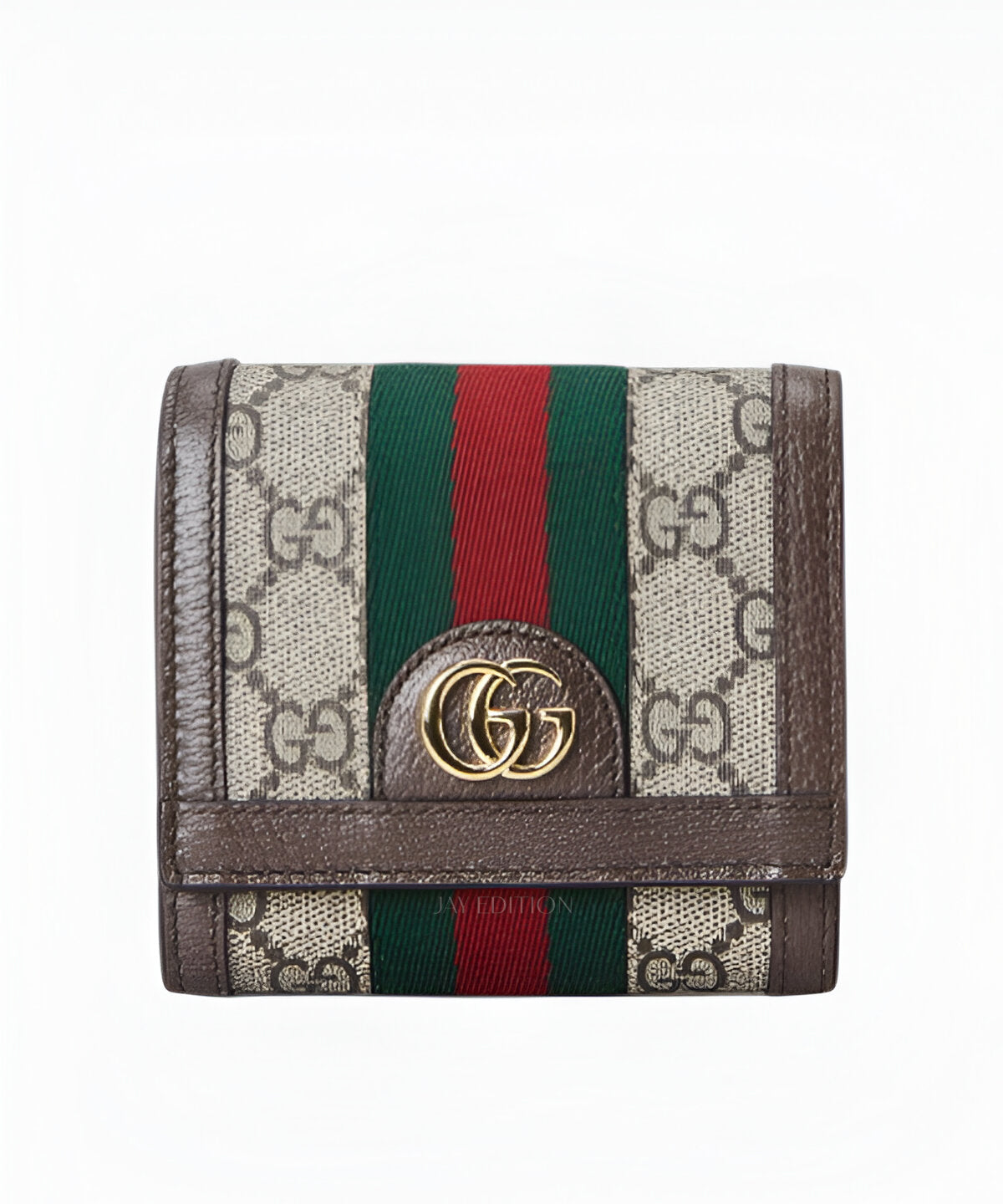 구찌 오피디아 반지갑 GG 수프림 캔버스 웹 스트라이프 골드 GG 로고 디테일 양면 접이식 지갑