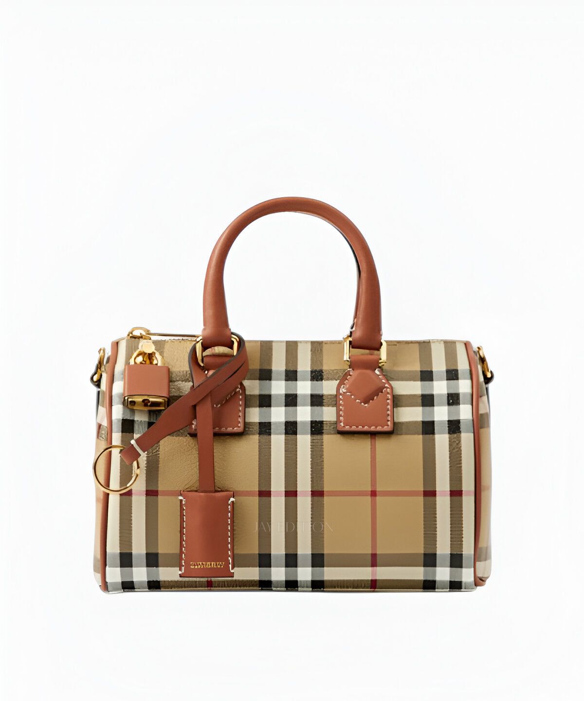 버버리 미니 체크 볼링 백 체크 패턴과 더블 핸들, 지퍼 디테일