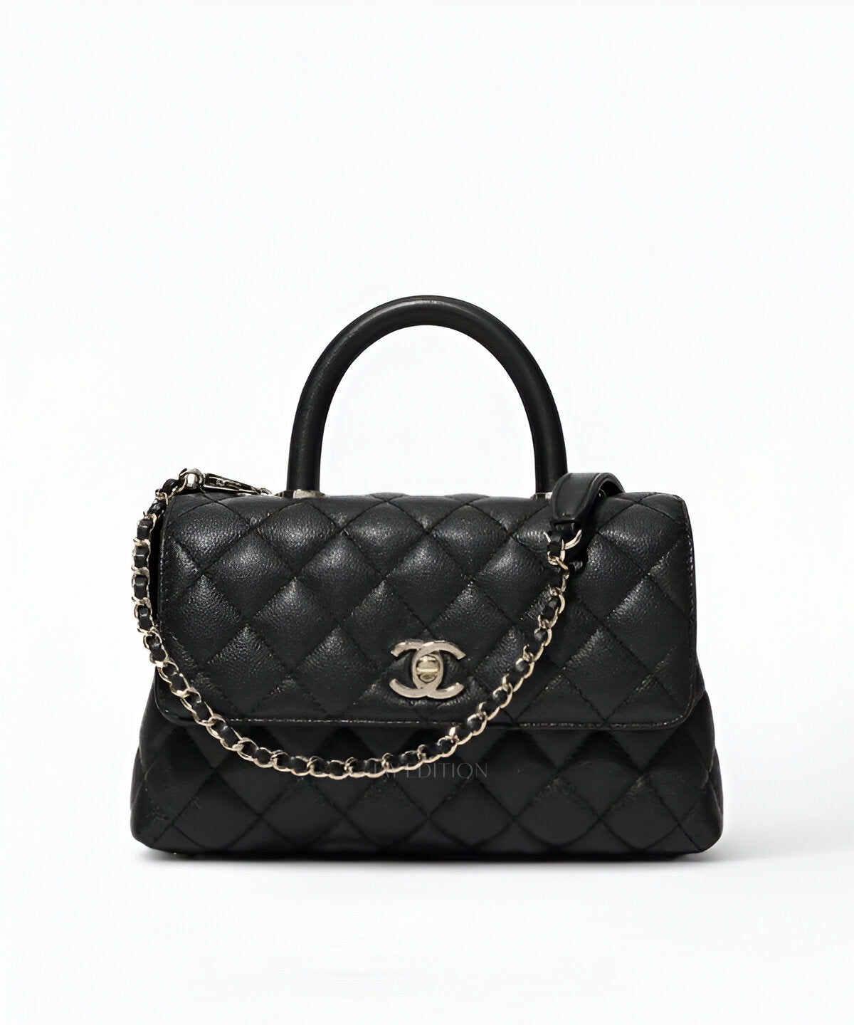 샤넬 코코핸들 캐비어 스몰 퀼팅 가죽 탑핸들백 골드 체인 디테일