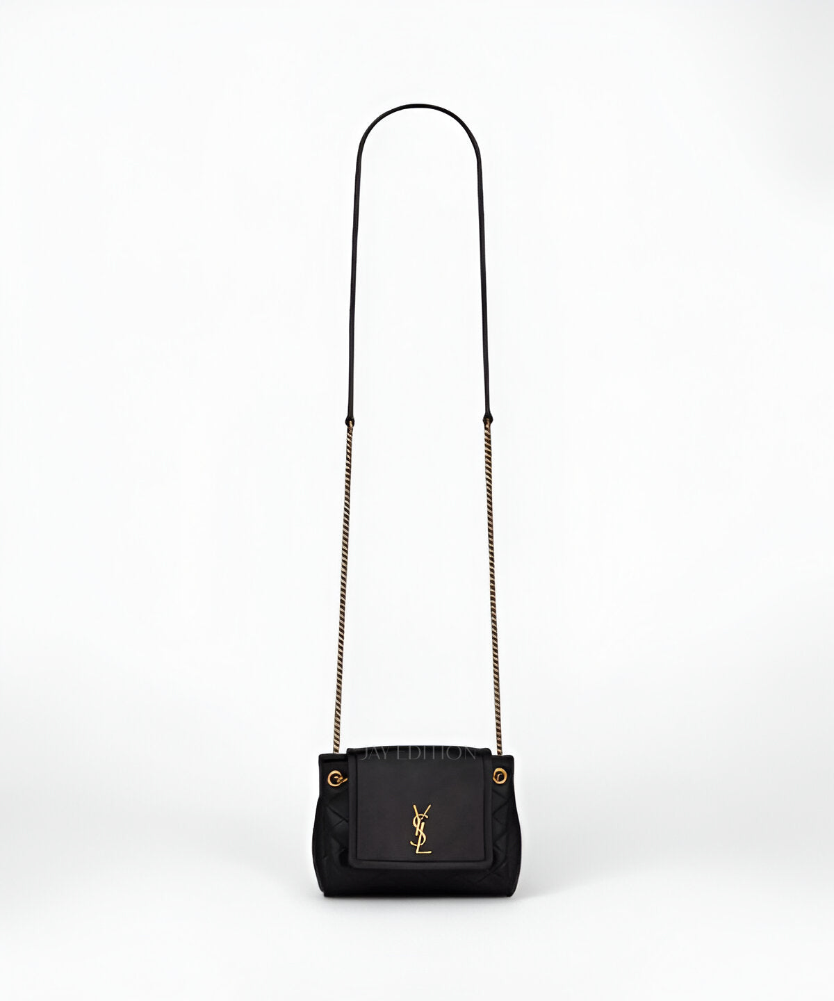 생로랑 노리타 미니 블랙 카프스킨 스퀘어 쉐입 플랩 클로저 YSL 로고 메탈 디테일 체인 스트랩 미니 숄더백