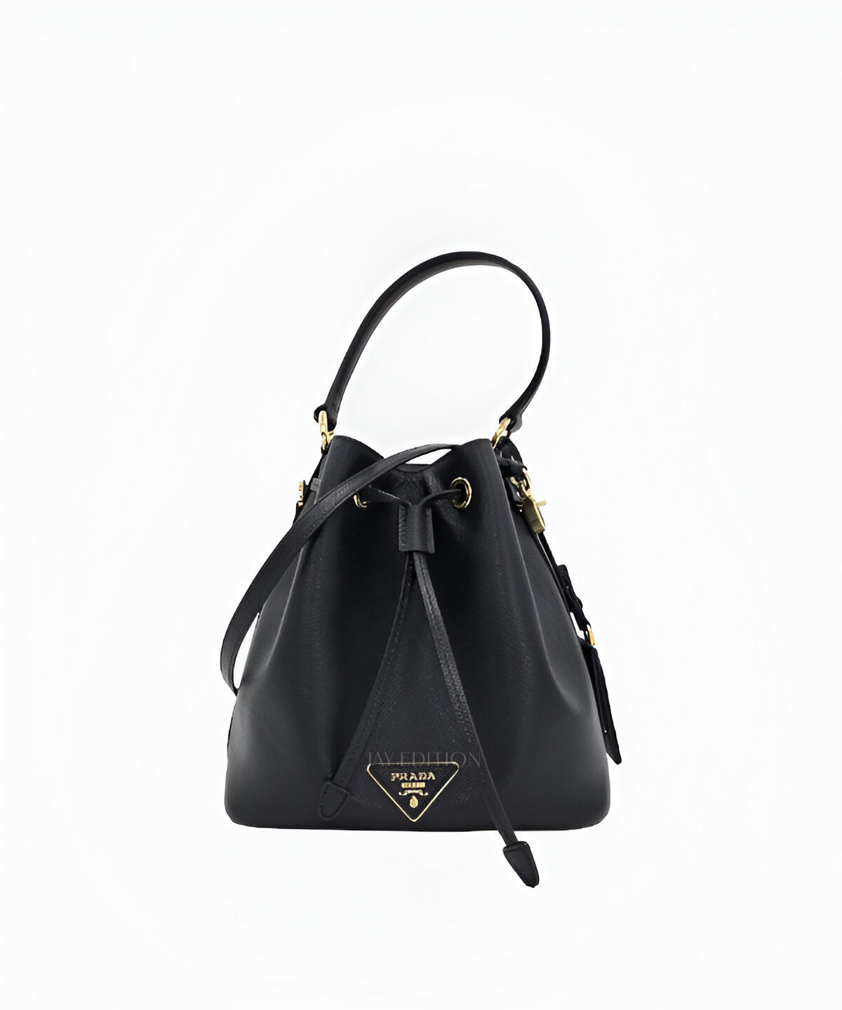 프라다 사피아노 버킷백 블랙 가죽 드로스트링 스트랩 프라다 로고 디테일