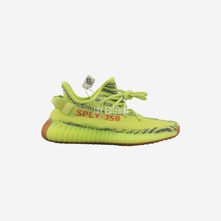 YEEZY 350 V2 세미프로즌, 형광 옐로우와 블루 스트라이프의 강렬한 대비가 돋보이는 컬러풀 에디션