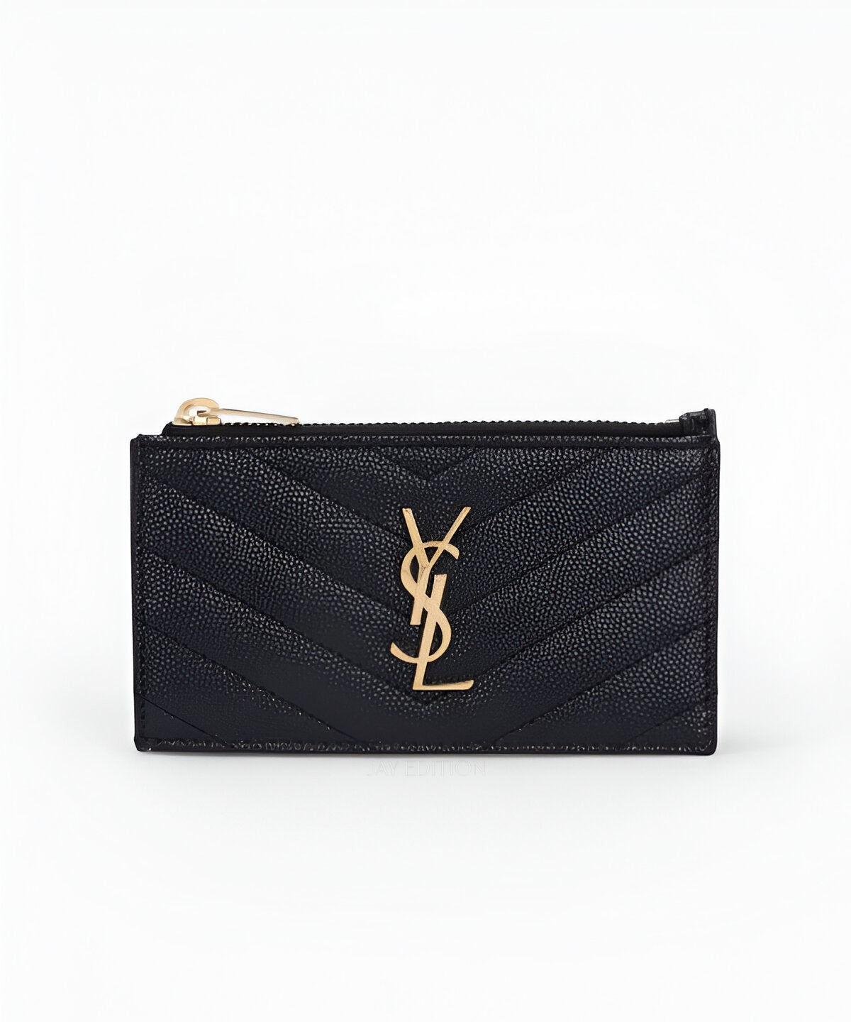 생로랑 카산드라 마테라쎄 프라그망 지퍼 카드 케이스 블랙 퀼팅 가죽 YSL 로고 골드 지퍼 디테일 슬림한 카드 슬롯 디자인