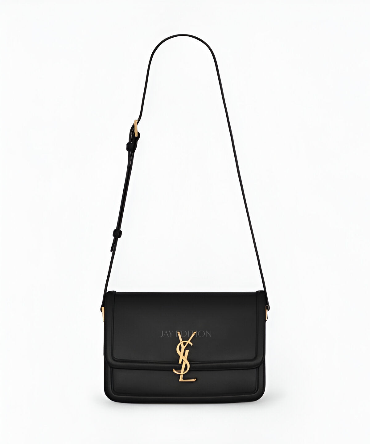 생로랑 솔체리노 사첼백 미디움 블랙 카프스킨 플랩 클로저 카산드라 YSL 로고 디테일 조절 가능한 스트랩 클래식 사첼 디자인