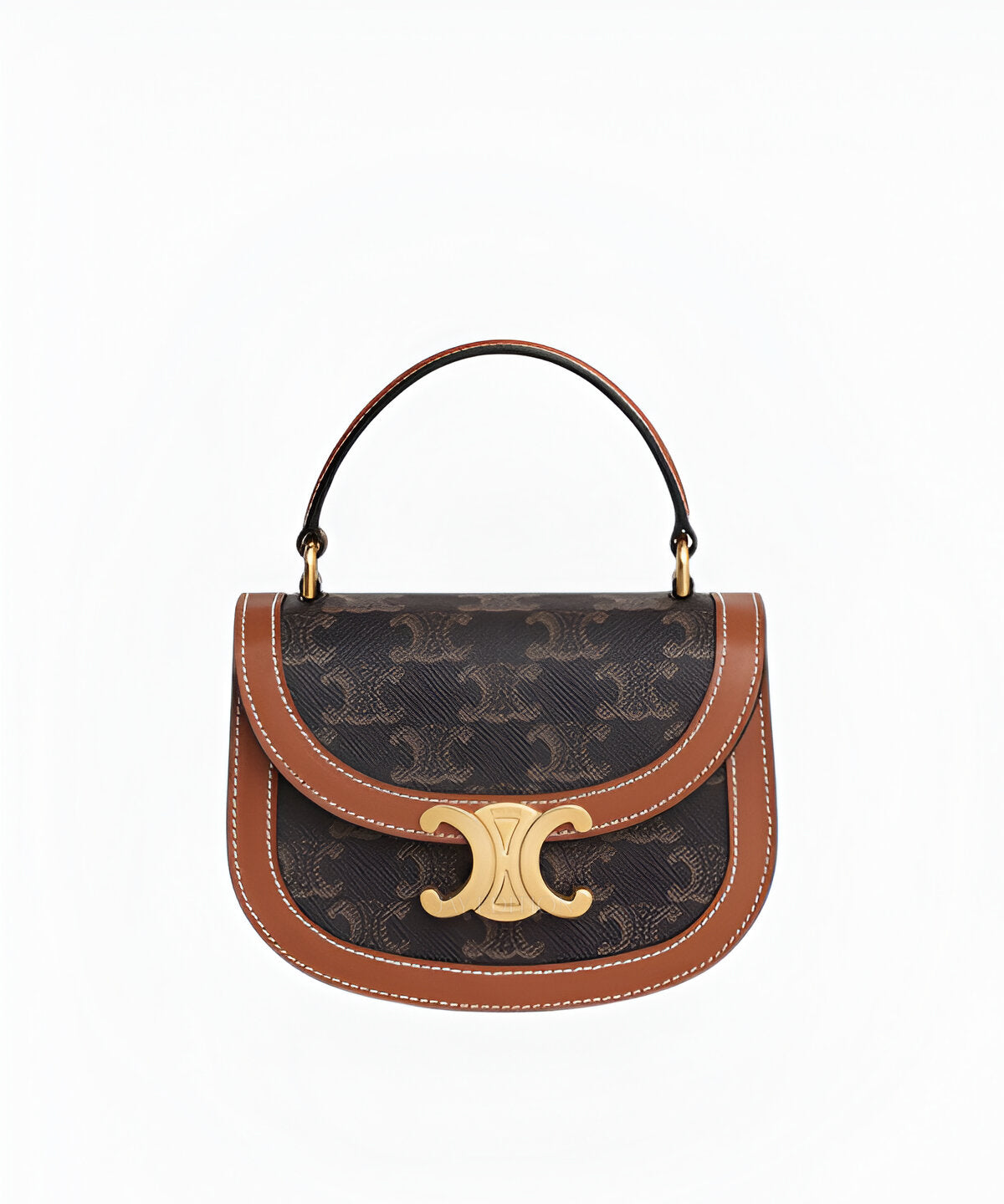 셀린느 미니 베사체 토트백 캔버스 트리옹프 모노그램 패턴 베이지 캔버스 브라운 가죽 핸들 스퀘어 쉐입 미니 토트백