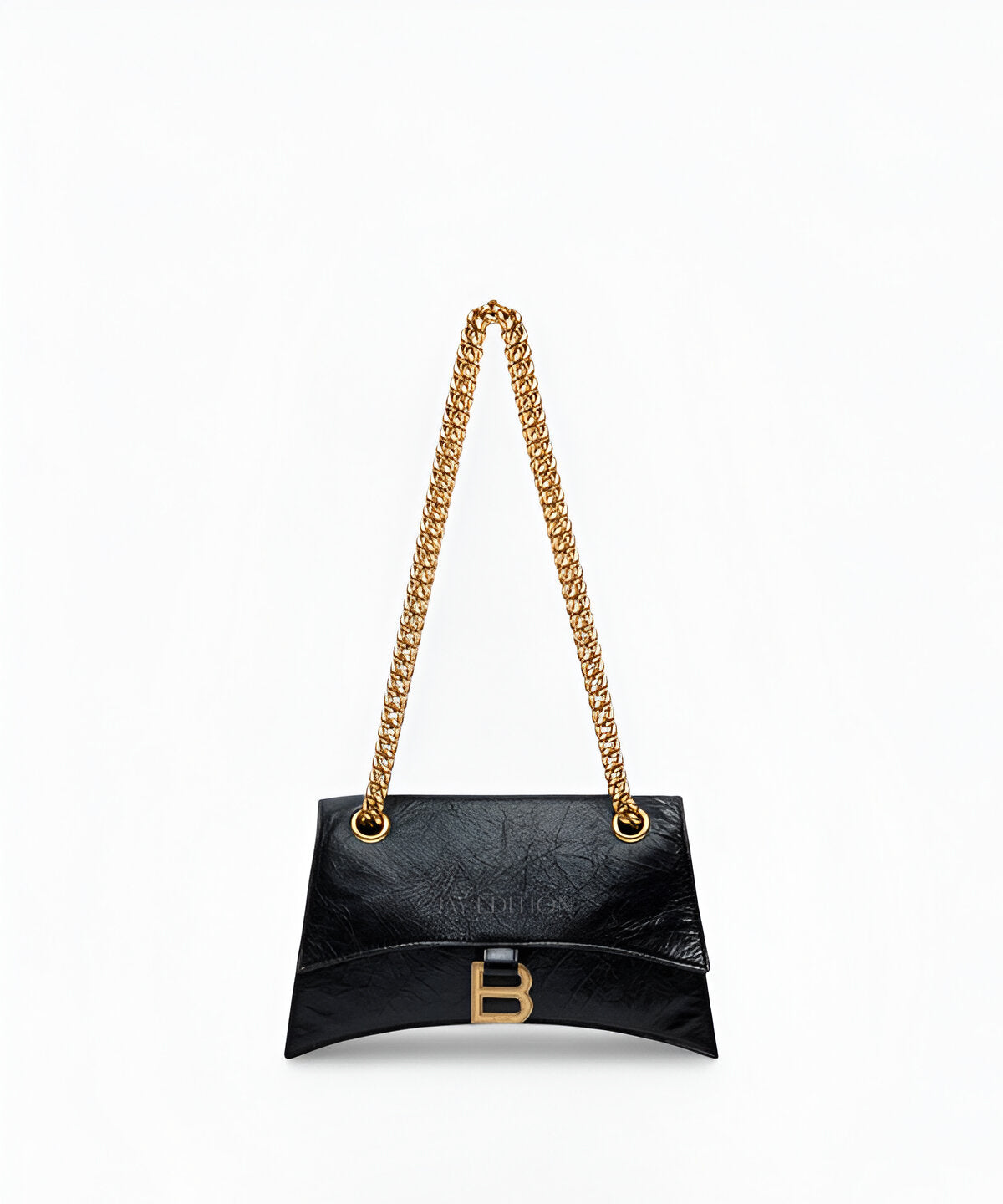 발렌시아가 크러쉬 체인 숄더백 스몰 블랙 스무스 레더 곡선형 실루엣 B 로고 메탈 디테일 체인 스트랩 플랩 클로저