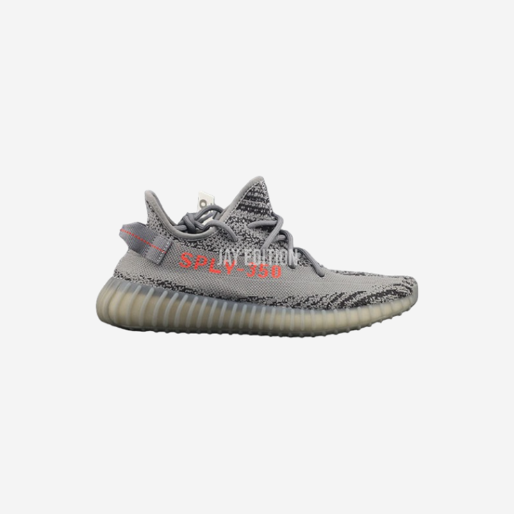 YEEZY 350 V2 벨루가, 오리지널 벨루가 컬러웨이의 그레이 프라임니트와 오렌지 SPLY-350 텍스트의 조화