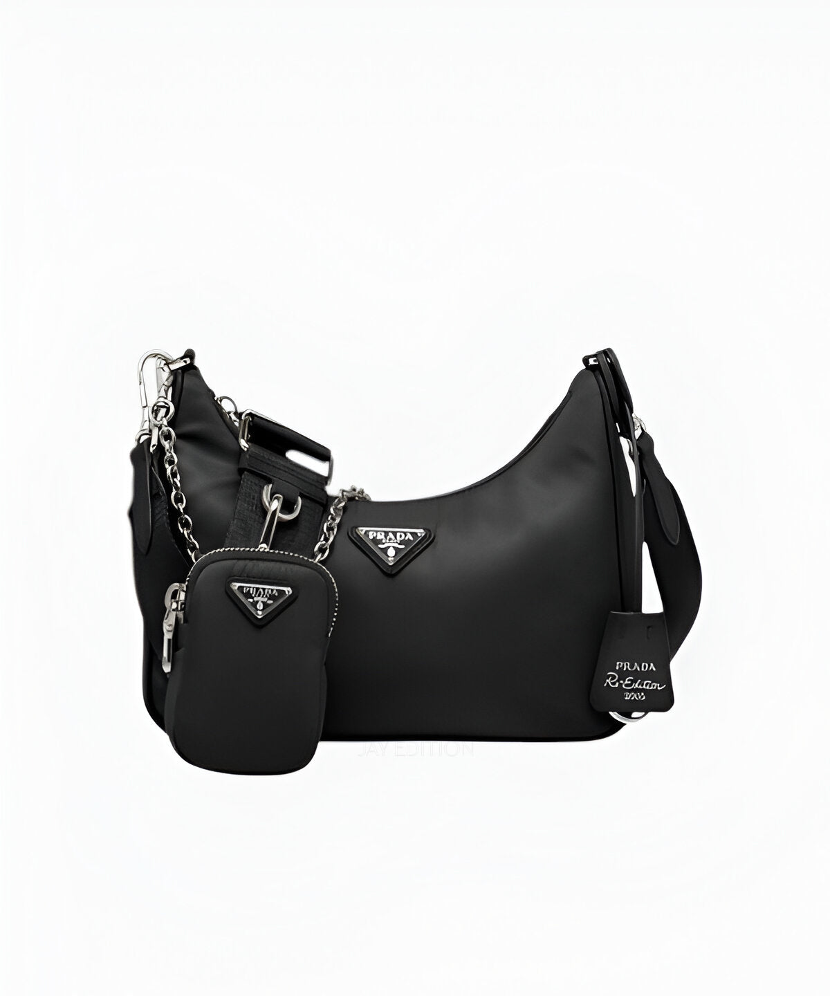 프라다 테수토 체인 호보백 블랙 나일론 바디 체인 스트랩 프라다 삼각 로고
